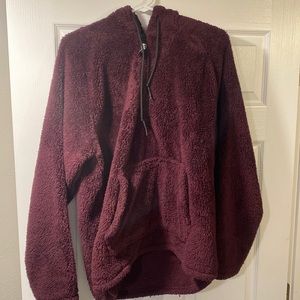 PINK 1/4 zip hooded sherpa. Maroon color. Fits like an XL is a L.